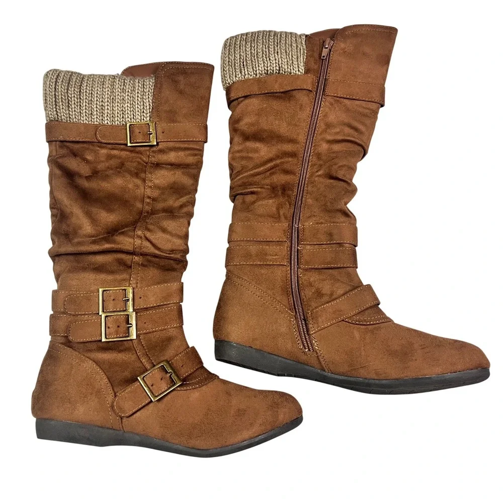 Bongo Myrina‎ Women 8.5W Brown Faux Suede Slouch Tall Boots Knit Cuff Wide Width